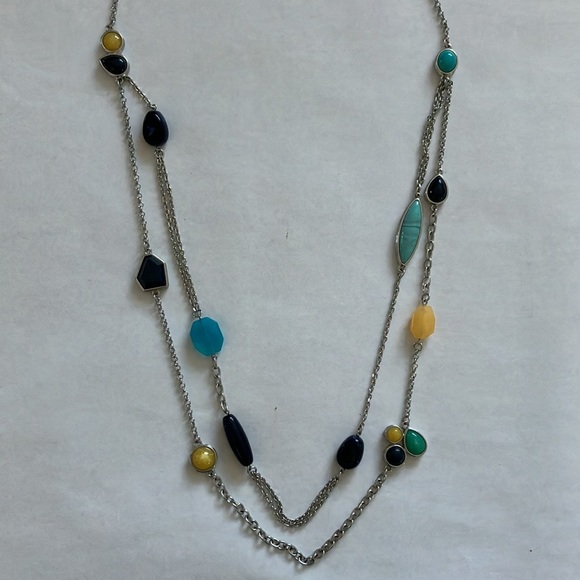 Chico’s 2-Strand Necklace 36” Faux Black,Turquoise, & Amber Multi Shape Stones - Picture 2 of 4